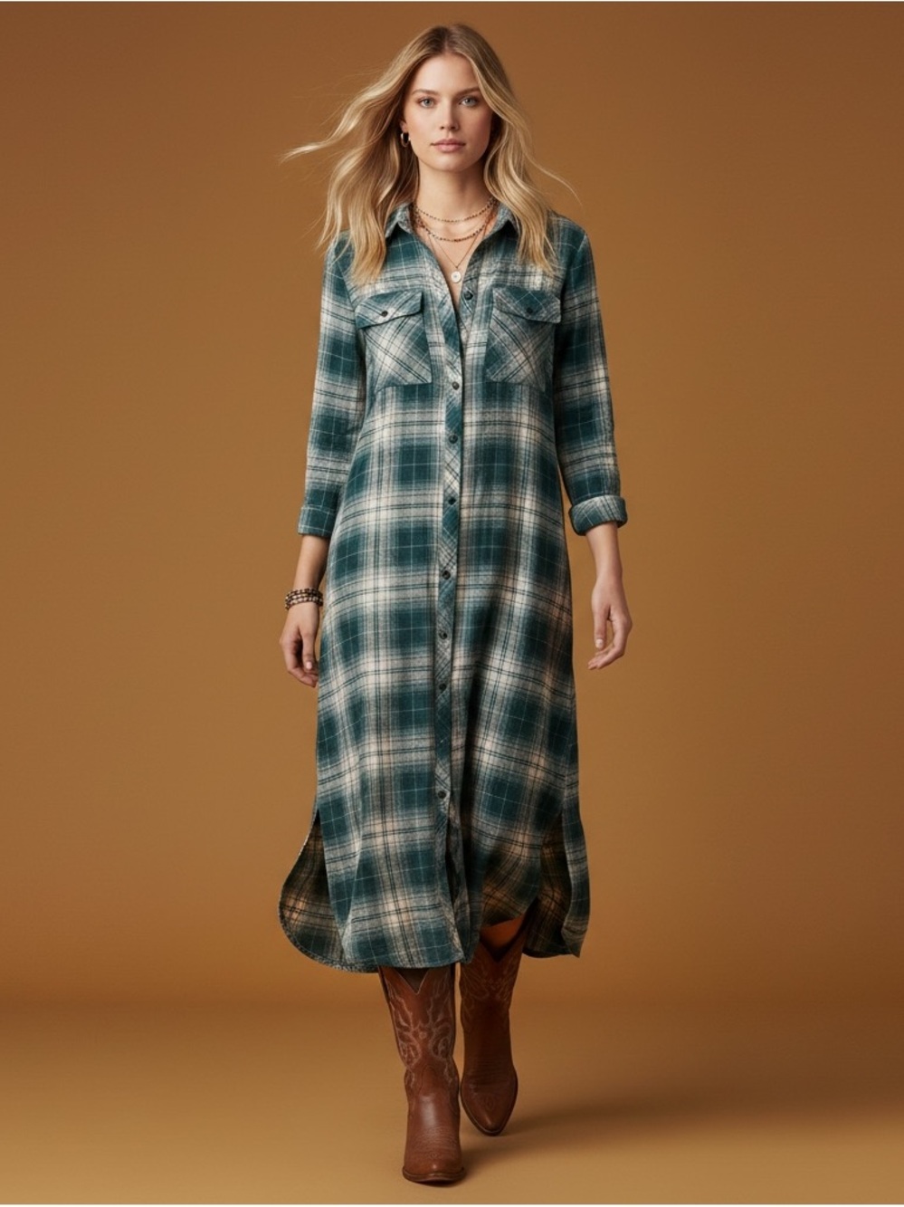 Grunge Boho J. Jill Teal Plaid long sleeve Maxi Shirt Dress